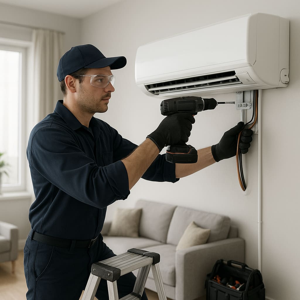 Techniker montiert Split-Klimaanlage in einer Wohnung